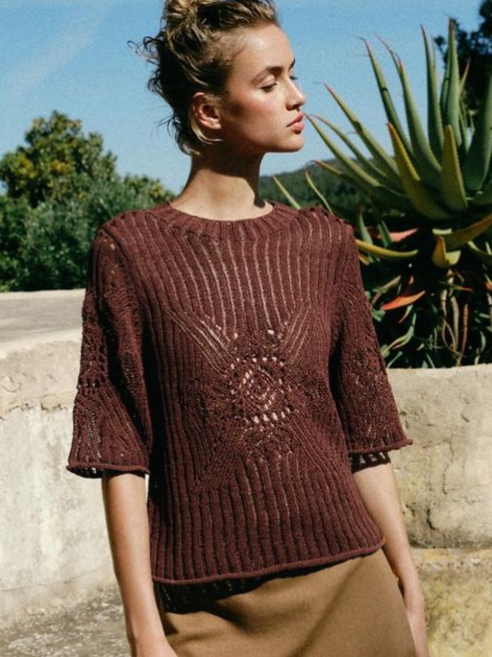 NWT Zara Open Knit Short Sleeve Top Sz:M Brown